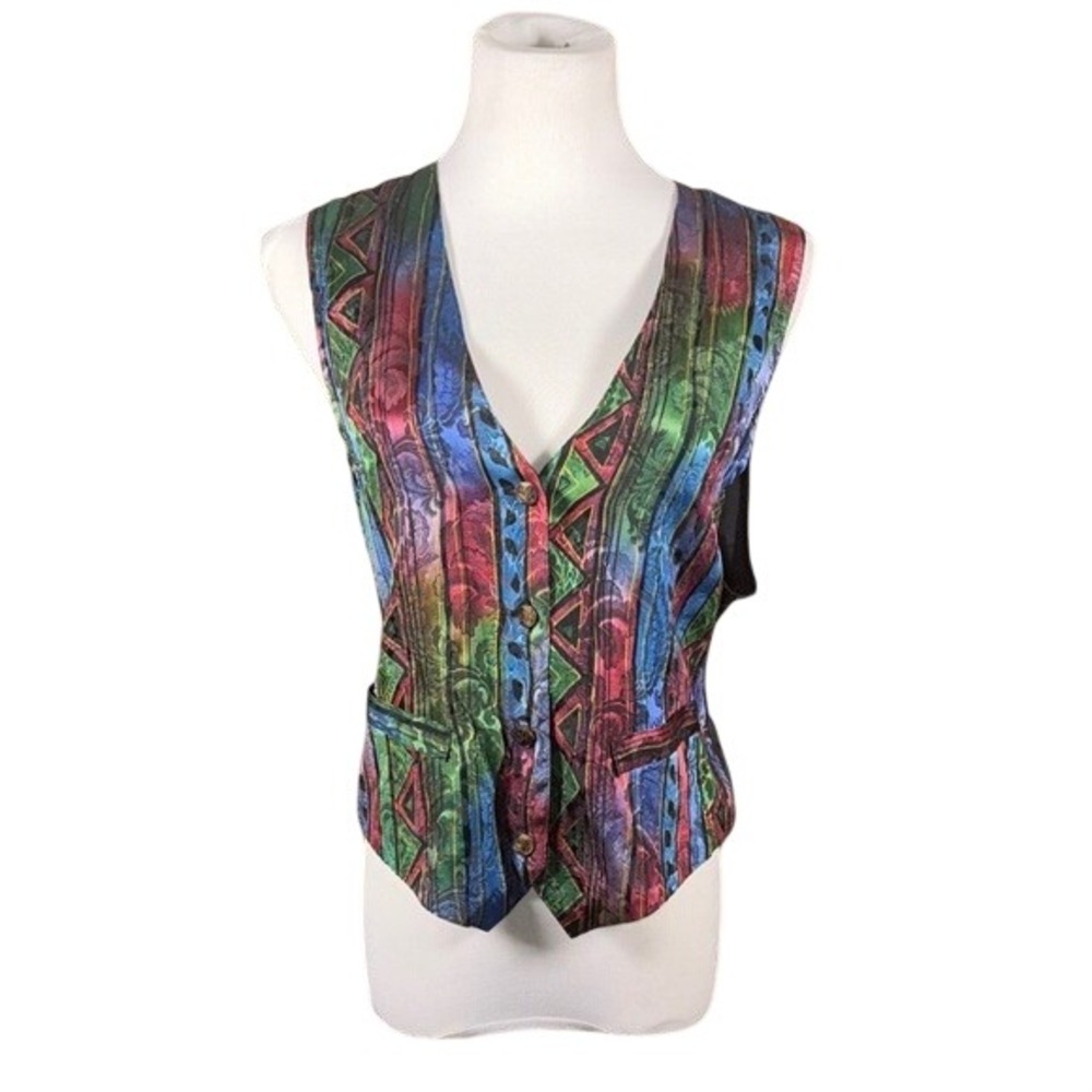 Vintage Wrapper USA Women Medium Multi Color Geometric Paisley Button Front Vest
